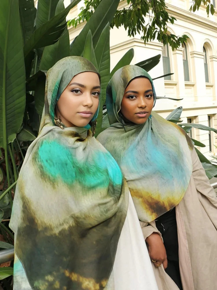 1Pcs Watercolor Print Lady Hijab Women Bohemian Soft Islam Ramadan Muslim Hijabs Foulard Femme Shawl Wrap Scarf Headscarf