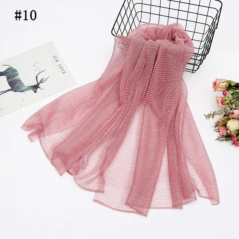 Solid Color Pleated Hijab Scarf Elegant Sparkly Head Wrap Women Casual Windproof Shawl Bandana Outdoor Travel Beach Towel