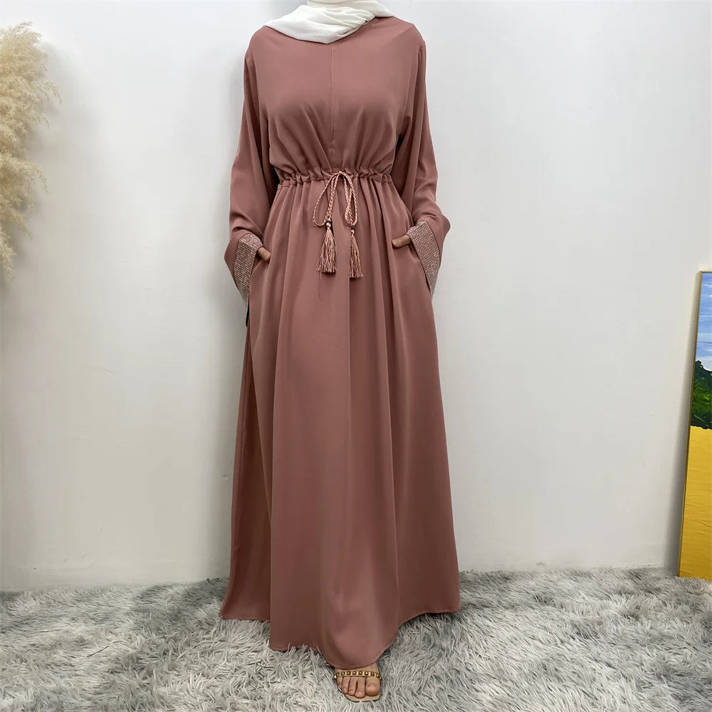 Muslim Women Fashion Long Dress Turkey Dubai women's pressed diamond patchwork lace dress Casual elegant robe with pockets