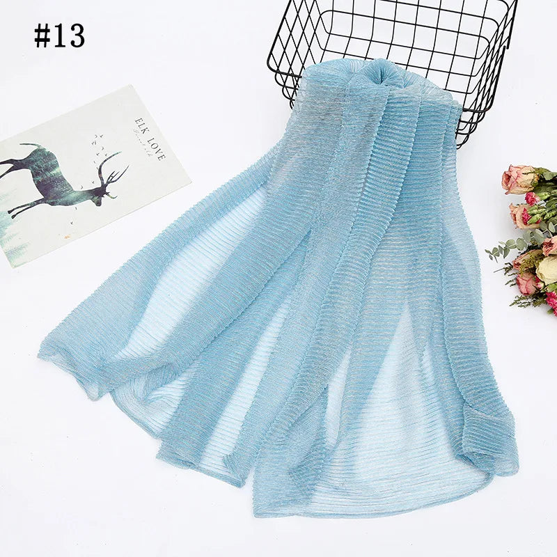 Solid Color Pleated Hijab Scarf Elegant Sparkly Head Wrap Women Casual Windproof Shawl Bandana Outdoor Travel Beach Towel