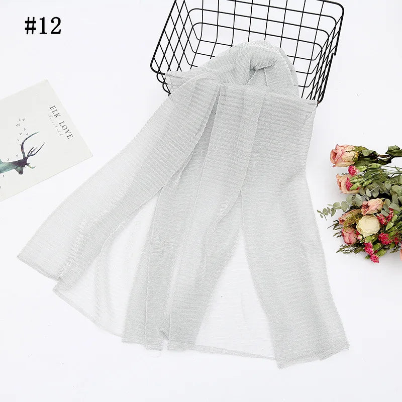 Solid Color Pleated Hijab Scarf Elegant Sparkly Head Wrap Women Casual Windproof Shawl Bandana Outdoor Travel Beach Towel