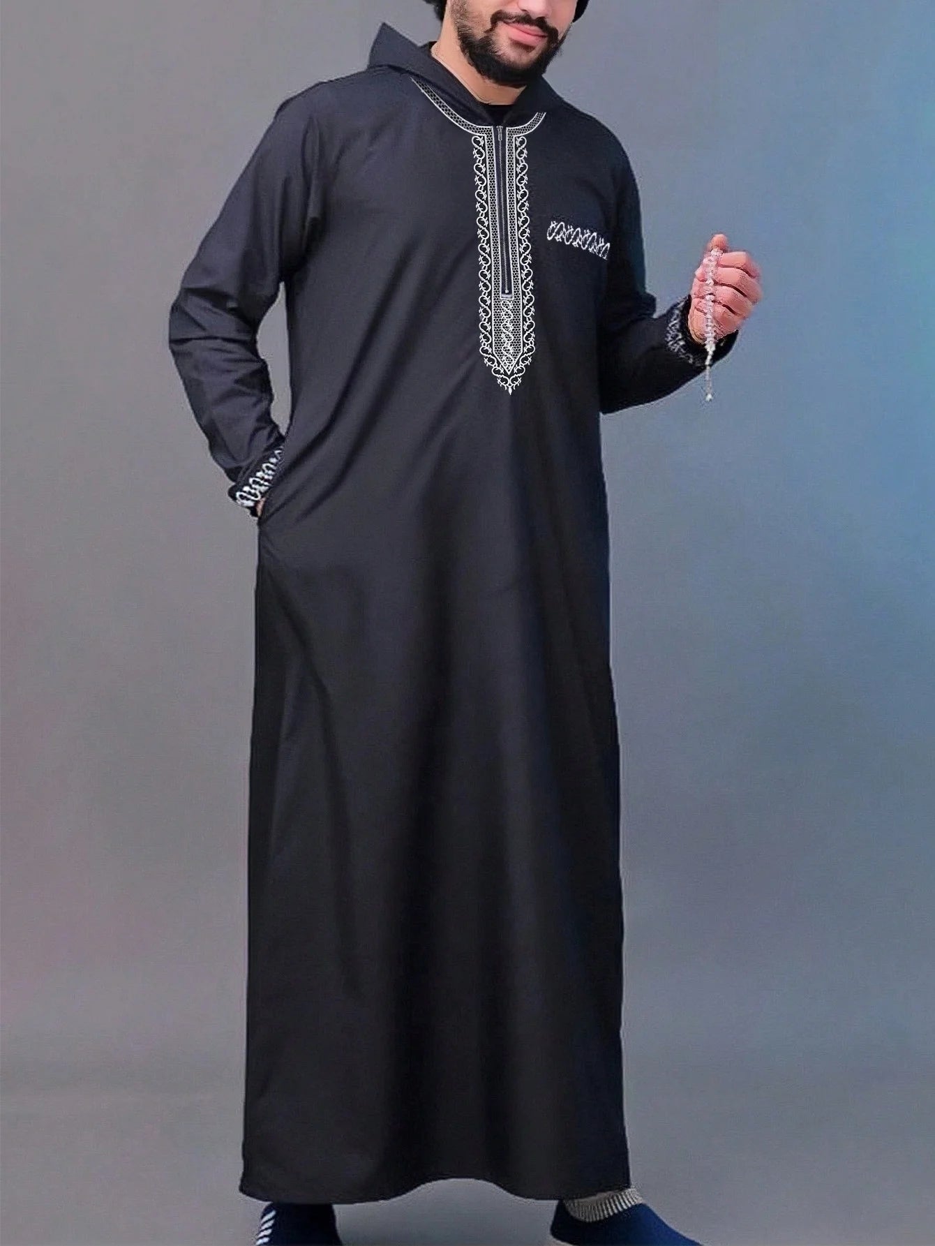 Moroccan Hooded Long Robe Abaya with Luxury Embroidery And Side Pockets for Muslim Men Middle East Style Clothing