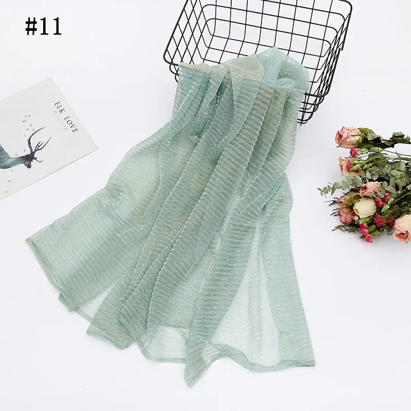 Solid Color Pleated Hijab Scarf Elegant Sparkly Head Wrap Women Casual Windproof Shawl Bandana Outdoor Travel Beach Towel