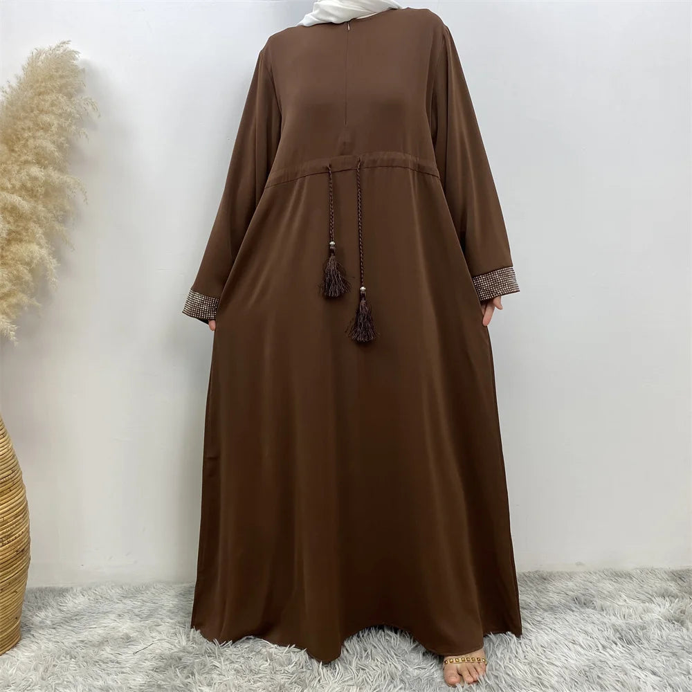 Muslim Women Fashion Long Dress Turkey Dubai women's pressed diamond patchwork lace dress Casual elegant robe with pockets
