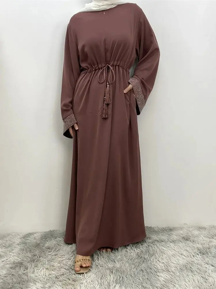Muslim Women Fashion Long Dress Turkey Dubai women's pressed diamond patchwork lace dress Casual elegant robe with pockets