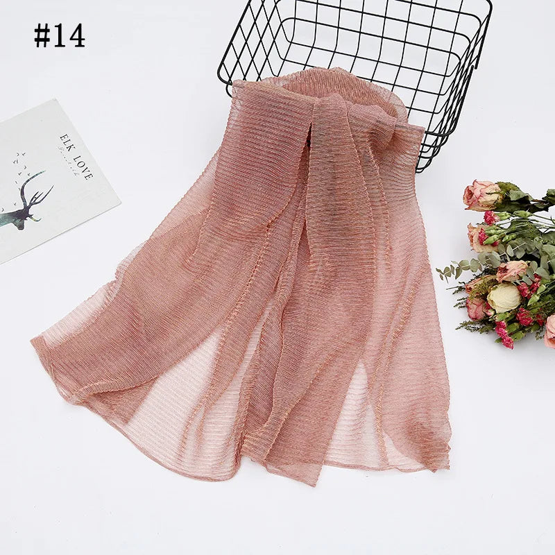 Solid Color Pleated Hijab Scarf Elegant Sparkly Head Wrap Women Casual Windproof Shawl Bandana Outdoor Travel Beach Towel