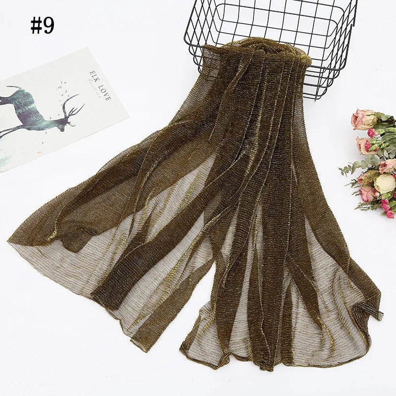 Solid Color Pleated Hijab Scarf Elegant Sparkly Head Wrap Women Casual Windproof Shawl Bandana Outdoor Travel Beach Towel