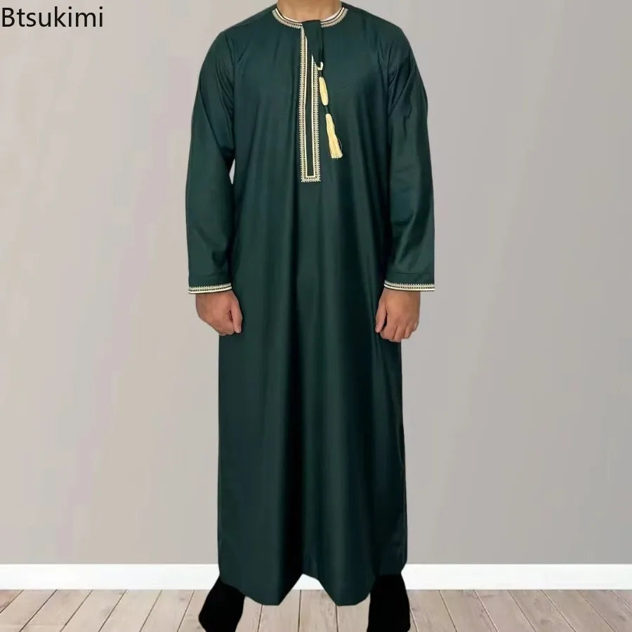 New 2025 Men's Muslim Abayas Dress Long-sleeved Pullover Kaftan Robe Men Jubba Thobe Pakistan Saudi Arab Caftan Islamic Clothing