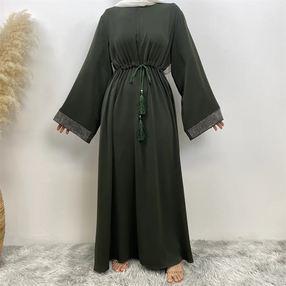 Muslim Women Fashion Long Dress Turkey Dubai women's pressed diamond patchwork lace dress Casual elegant robe with pockets