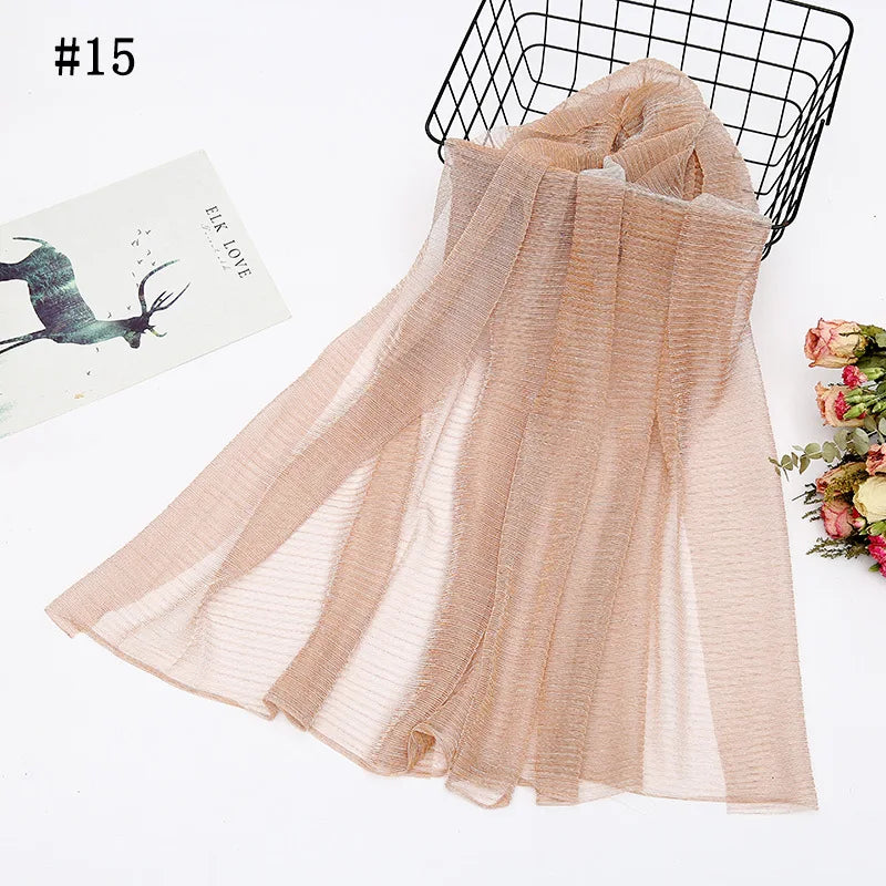 Solid Color Pleated Hijab Scarf Elegant Sparkly Head Wrap Women Casual Windproof Shawl Bandana Outdoor Travel Beach Towel