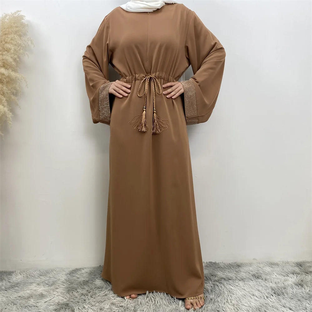 Muslim Women Fashion Long Dress Turkey Dubai women's pressed diamond patchwork lace dress Casual elegant robe with pockets