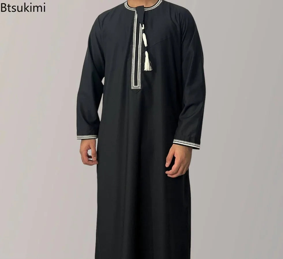New 2025 Men's Muslim Abayas Dress Long-sleeved Pullover Kaftan Robe Men Jubba Thobe Pakistan Saudi Arab Caftan Islamic Clothing