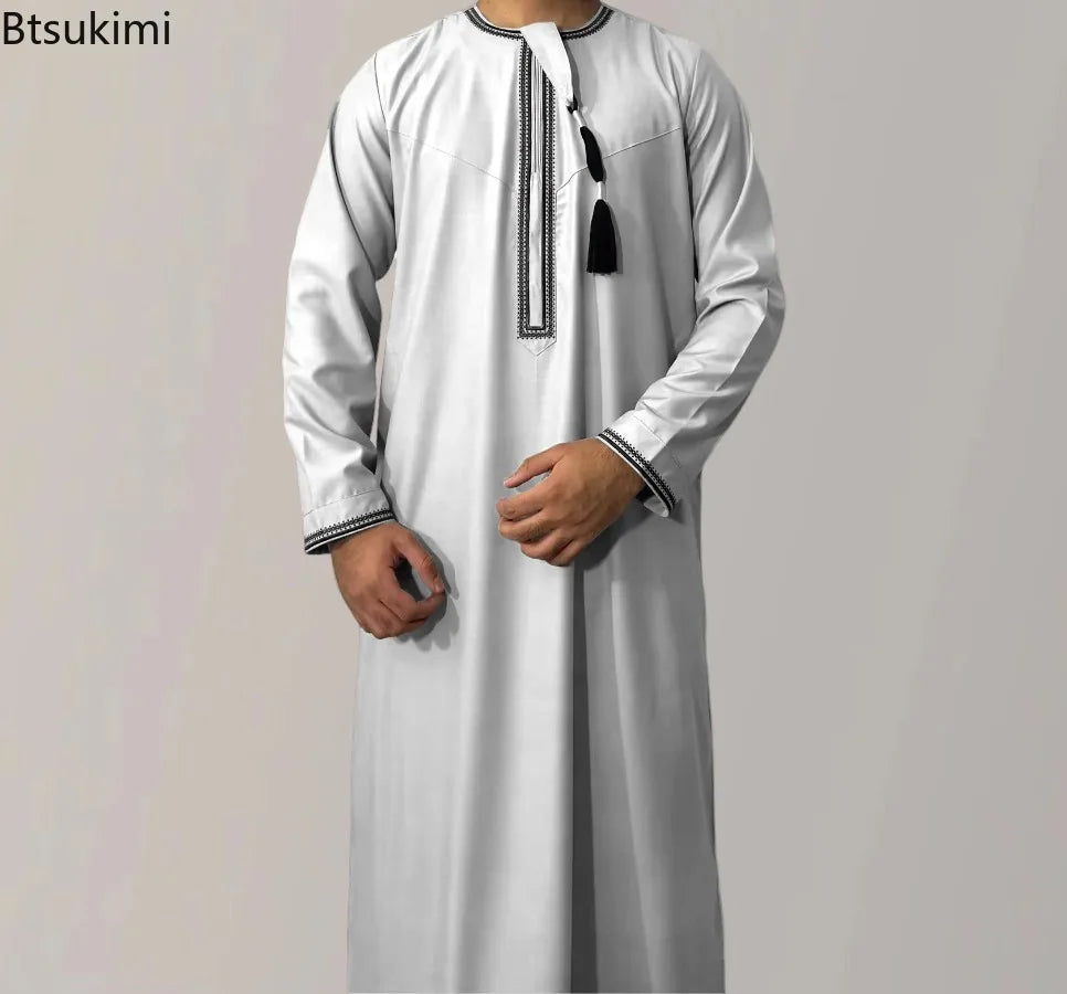 New 2025 Men's Muslim Abayas Dress Long-sleeved Pullover Kaftan Robe Men Jubba Thobe Pakistan Saudi Arab Caftan Islamic Clothing