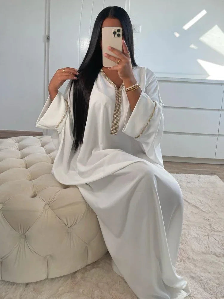 Eid Muslim Long Dress Women Bat Sleeve Caftan Abaya Satin Robe Diamond Party Abayas Ramadan V Neck Kaftan Caftan Jalabiya 2023