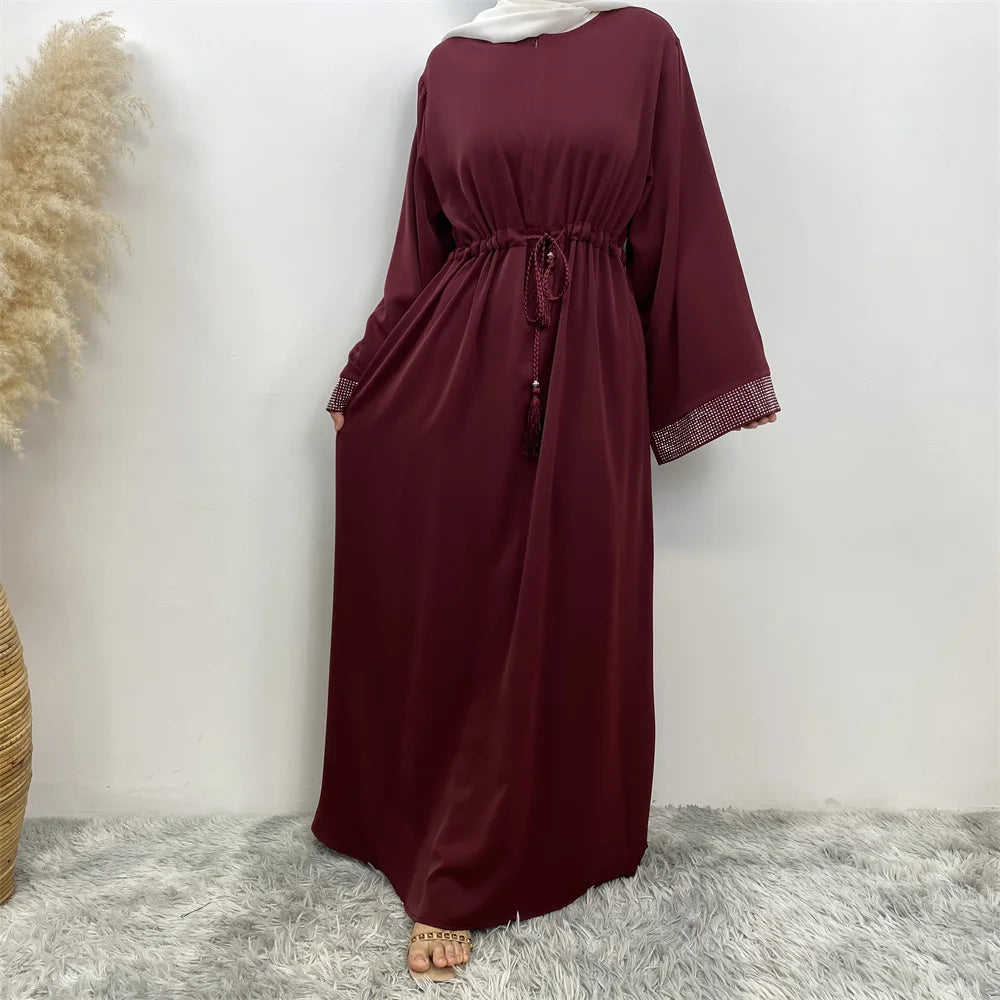 Muslim Women Fashion Long Dress Turkey Dubai women's pressed diamond patchwork lace dress Casual elegant robe with pockets
