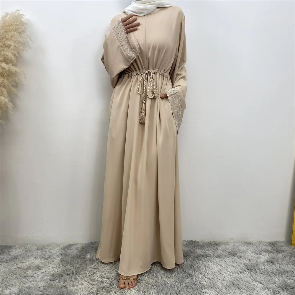 Muslim Women Fashion Long Dress Turkey Dubai women's pressed diamond patchwork lace dress Casual elegant robe with pockets