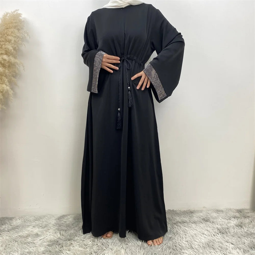 Muslim Women Fashion Long Dress Turkey Dubai women's pressed diamond patchwork lace dress Casual elegant robe with pockets
