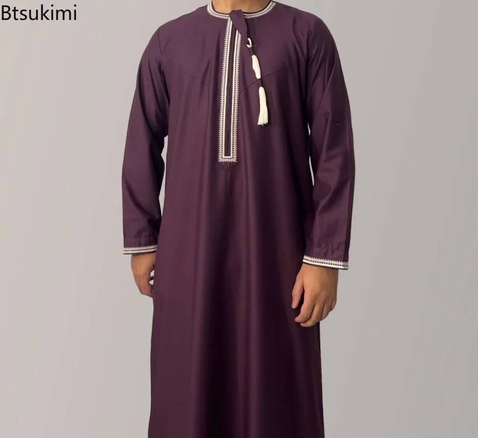 New 2025 Men's Muslim Abayas Dress Long-sleeved Pullover Kaftan Robe Men Jubba Thobe Pakistan Saudi Arab Caftan Islamic Clothing
