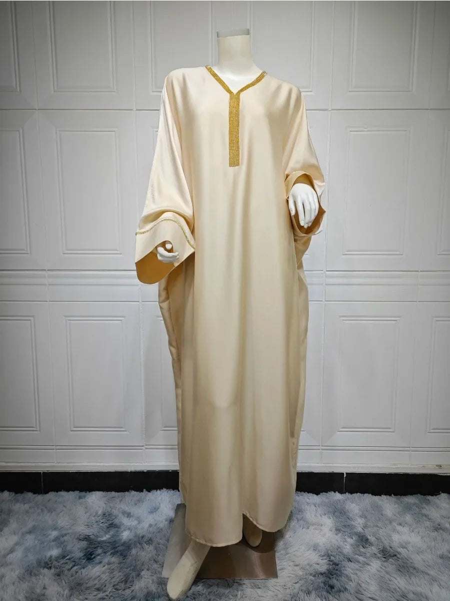 Eid Muslim Long Dress Women Bat Sleeve Caftan Abaya Satin Robe Diamond Party Abayas Ramadan V Neck Kaftan Caftan Jalabiya 2023