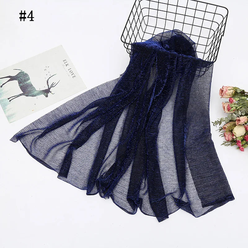 Solid Color Pleated Hijab Scarf Elegant Sparkly Head Wrap Women Casual Windproof Shawl Bandana Outdoor Travel Beach Towel