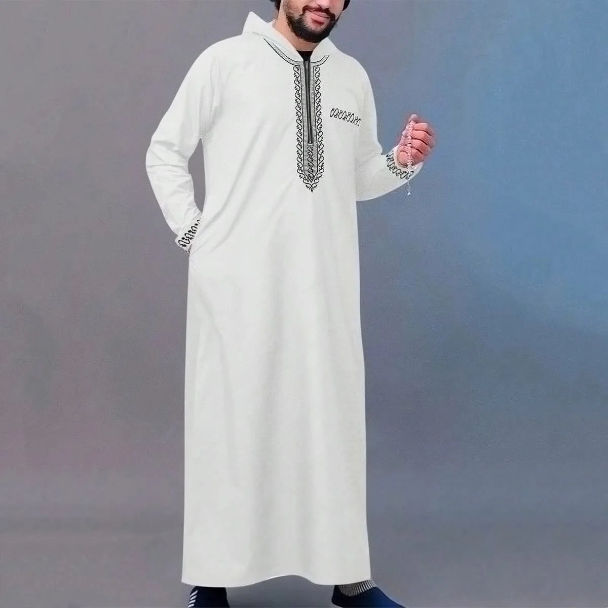 Moroccan Hooded Long Robe Abaya with Luxury Embroidery And Side Pockets for Muslim Men Middle East Style Clothing