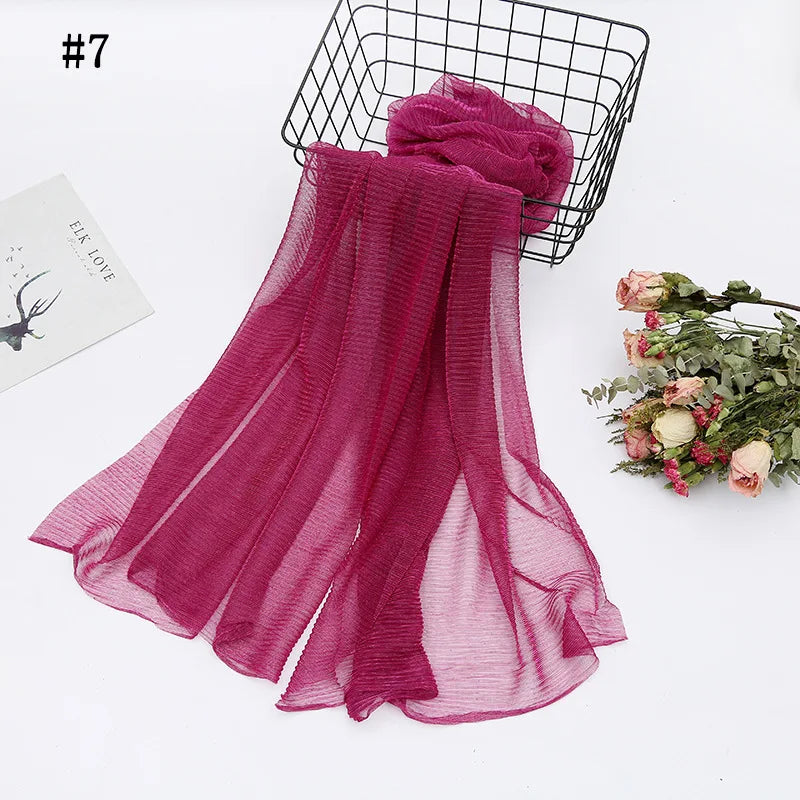 Solid Color Pleated Hijab Scarf Elegant Sparkly Head Wrap Women Casual Windproof Shawl Bandana Outdoor Travel Beach Towel