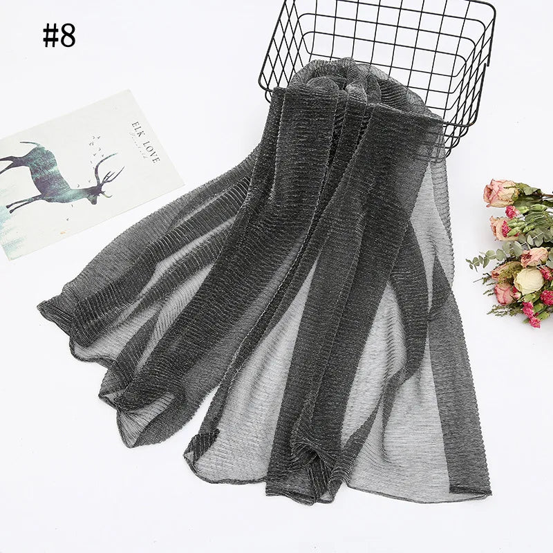Solid Color Pleated Hijab Scarf Elegant Sparkly Head Wrap Women Casual Windproof Shawl Bandana Outdoor Travel Beach Towel