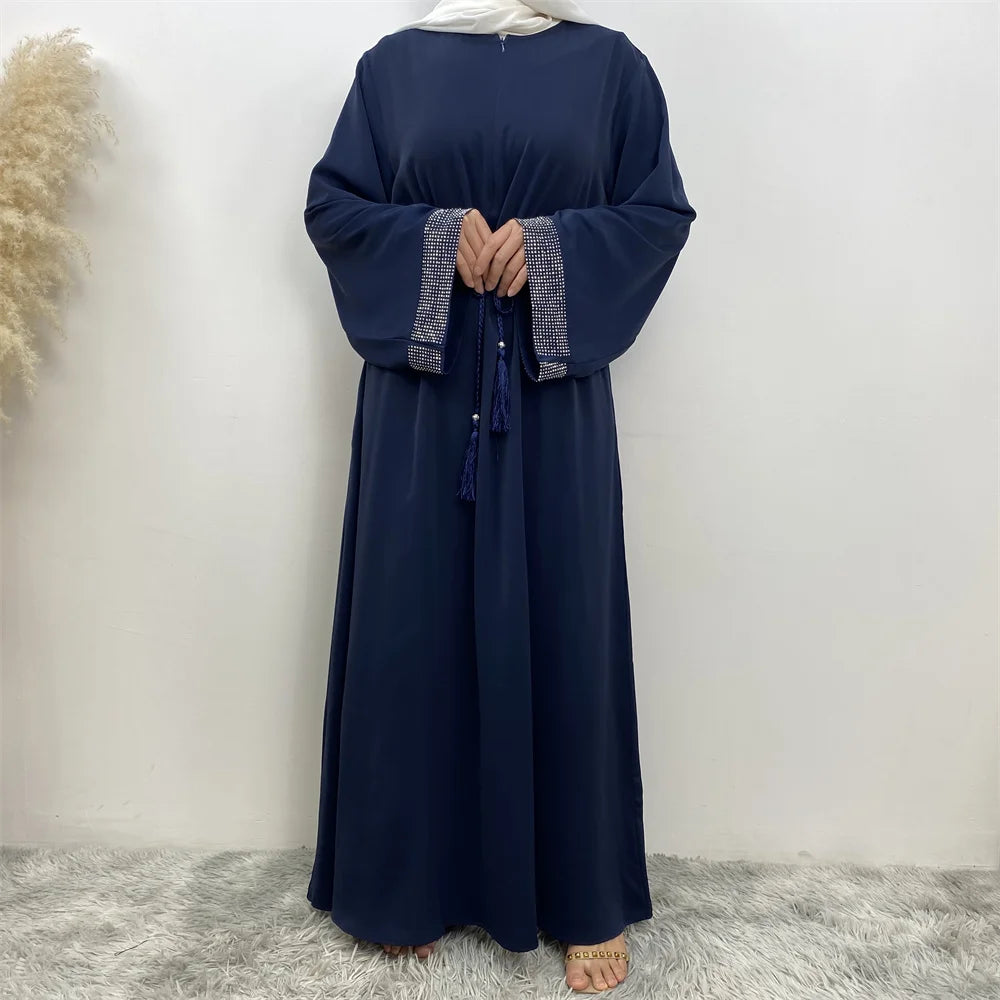 Muslim Women Fashion Long Dress Turkey Dubai women's pressed diamond patchwork lace dress Casual elegant robe with pockets