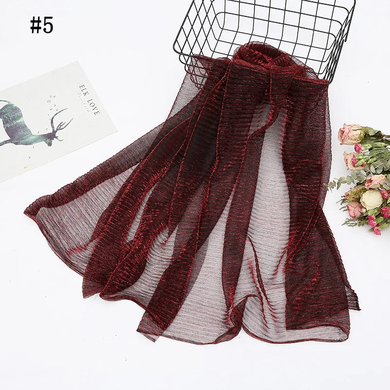 Solid Color Pleated Hijab Scarf Elegant Sparkly Head Wrap Women Casual Windproof Shawl Bandana Outdoor Travel Beach Towel