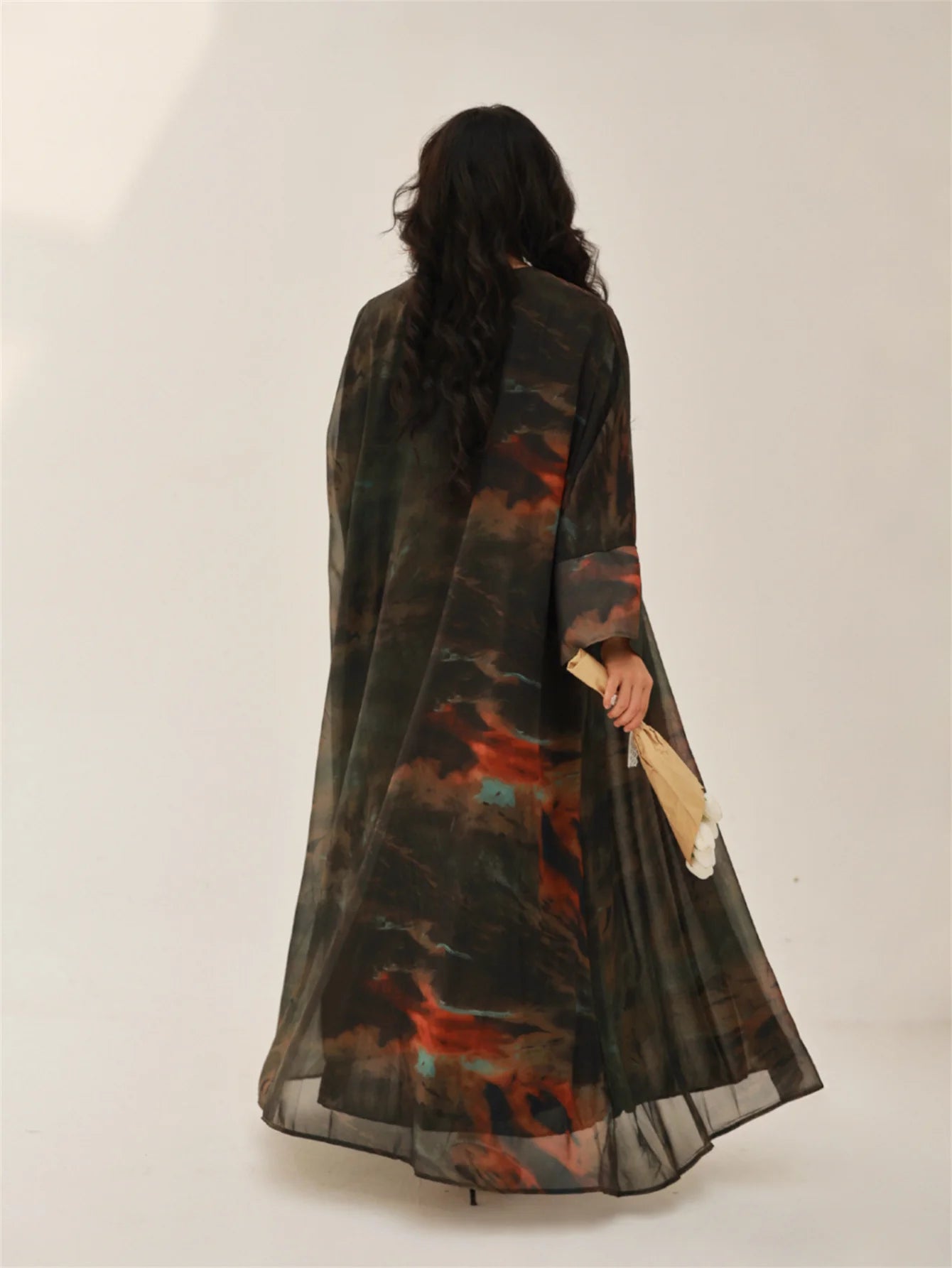 Middle-East Open Front Abaya Muslim Full Sleeve Tie-dye Loose Arabian Abayas Turkey Kaftans Women Jilbabs Islamic Maxi Dresses