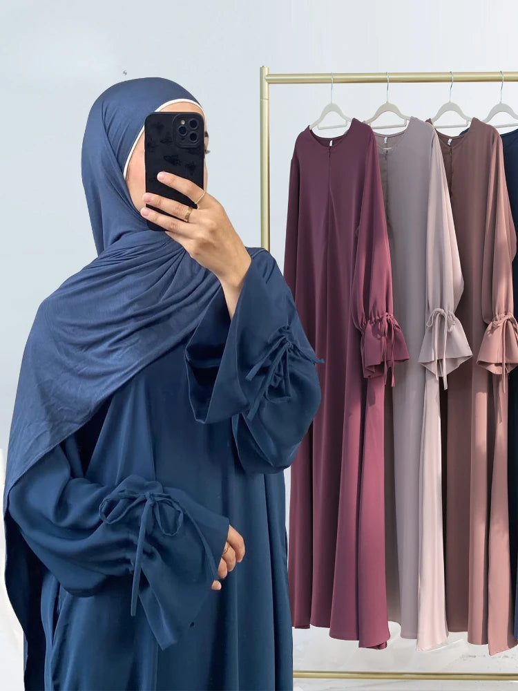 Eid Muslim Dress for Women Abaya Bow Jalabiya Ramadan Lace Up Vestidos Largos Islam Arab Long Robe Morocco Dubai Kaftan 2025