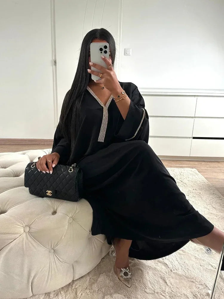 Eid Muslim Long Dress Women Bat Sleeve Caftan Abaya Satin Robe Diamond Party Abayas Ramadan V Neck Kaftan Caftan Jalabiya 2023