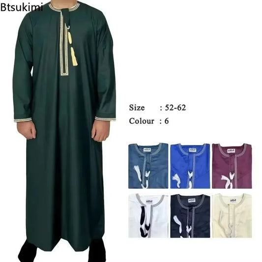 New 2025 Men's Muslim Abayas Dress Long-sleeved Pullover Kaftan Robe Men Jubba Thobe Pakistan Saudi Arab Caftan Islamic Clothing