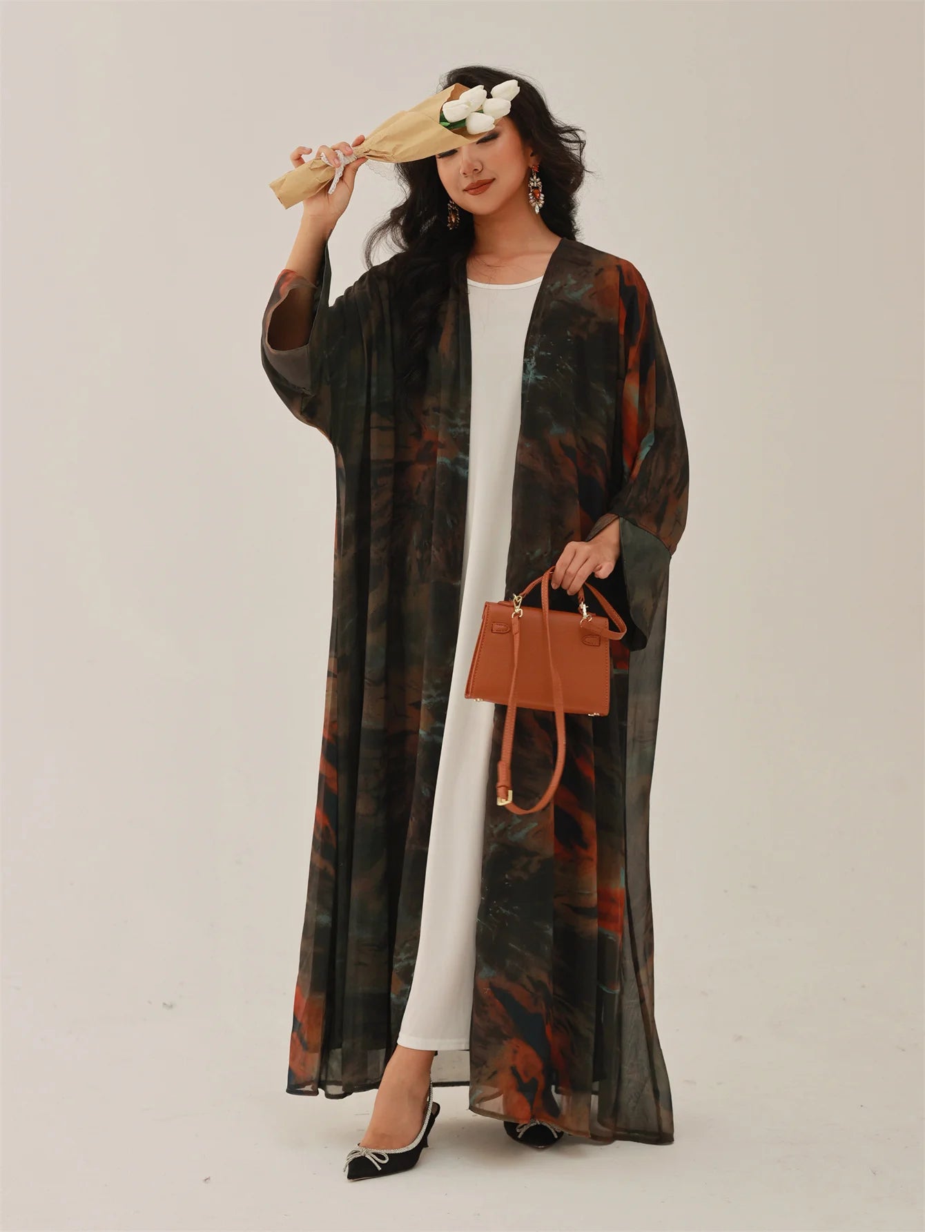 Middle-East Open Front Abaya Muslim Full Sleeve Tie-dye Loose Arabian Abayas Turkey Kaftans Women Jilbabs Islamic Maxi Dresses