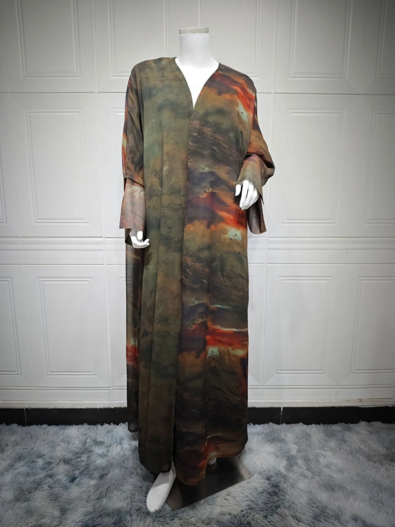 Middle-East Open Front Abaya Muslim Full Sleeve Tie-dye Loose Arabian Abayas Turkey Kaftans Women Jilbabs Islamic Maxi Dresses