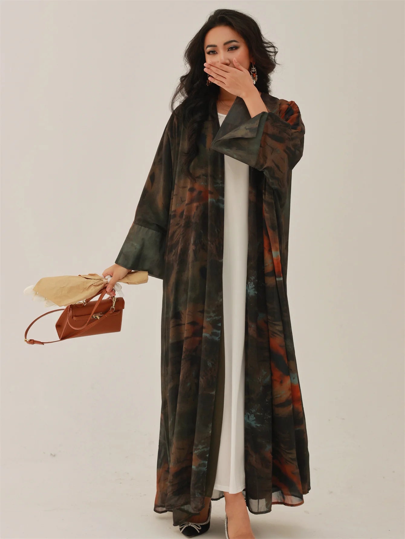 Middle-East Open Front Abaya Muslim Full Sleeve Tie-dye Loose Arabian Abayas Turkey Kaftans Women Jilbabs Islamic Maxi Dresses