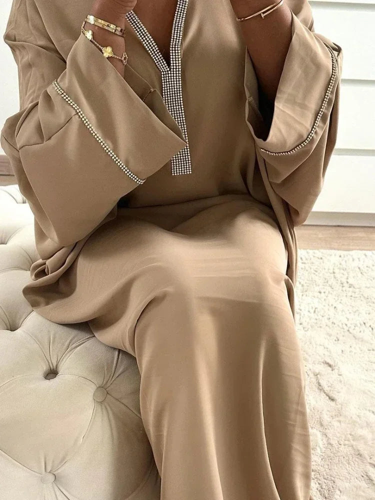 Eid Muslim Long Dress Women Bat Sleeve Caftan Abaya Satin Robe Diamond Party Abayas Ramadan V Neck Kaftan Caftan Jalabiya 2023