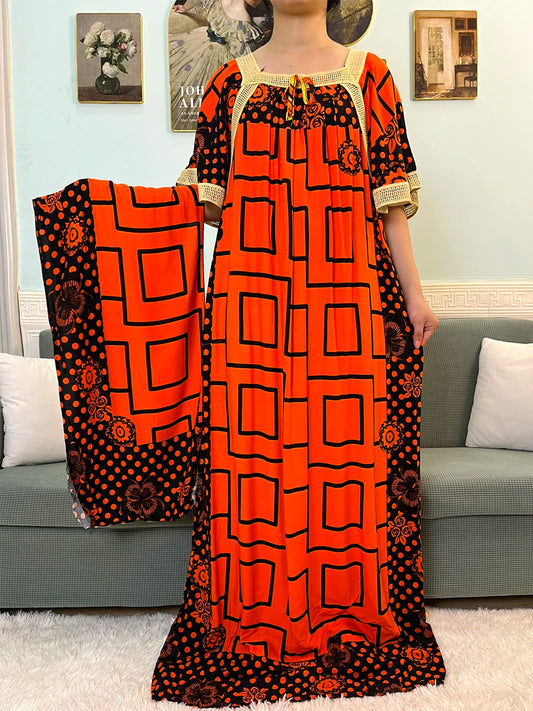 Muslim Abayas For Women 2024 Dubai Boat Neck Cotton Pocket Printed Embroider New Caftan Marocain Femme Loose Robe With Headscarf
