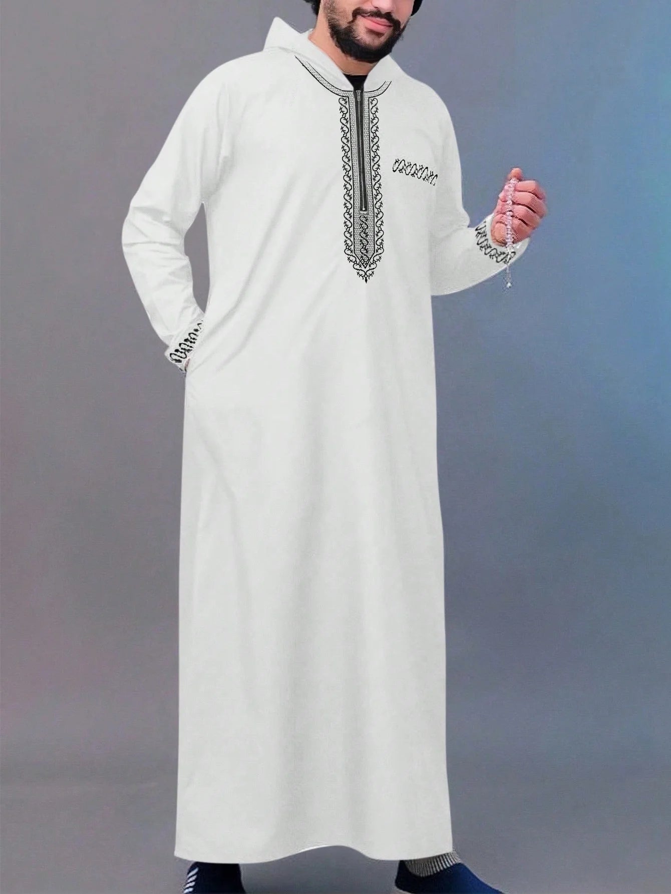 Moroccan Hooded Long Robe Abaya with Luxury Embroidery And Side Pockets for Muslim Men Middle East Style Clothing